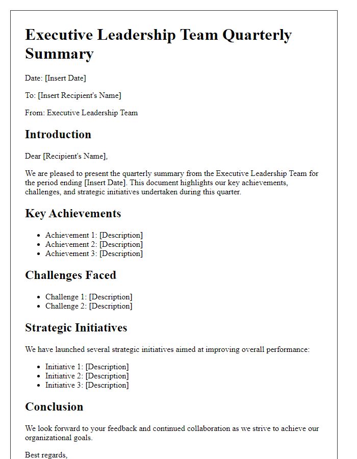 Letter template of executive leadership team quarterly summary.