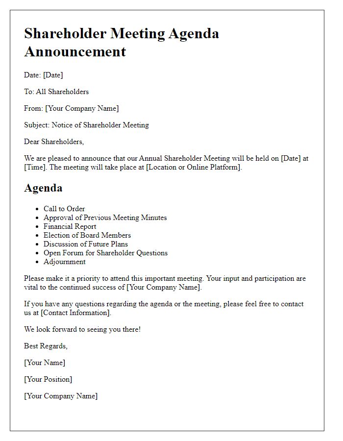 Letter template of shareholder meeting agenda announcement