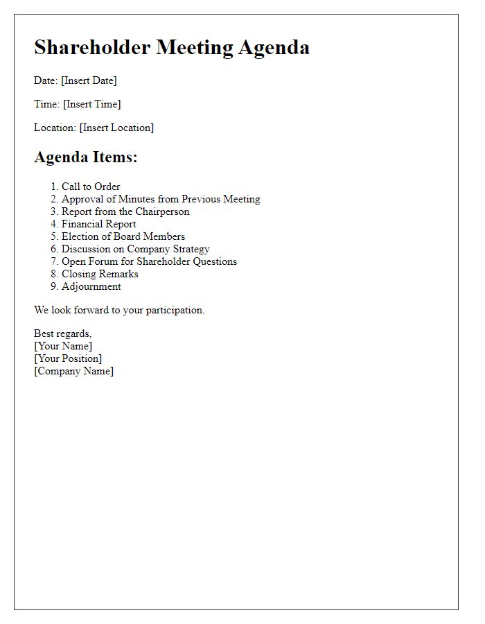 Letter template of shareholder meeting agenda outline