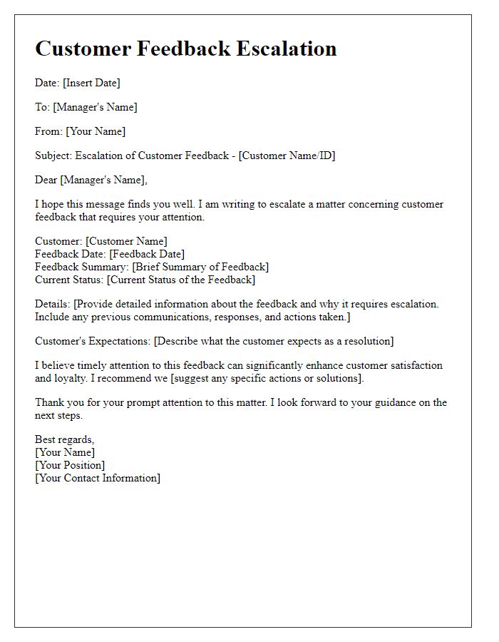 Letter template of customer feedback escalation