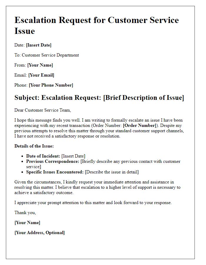 Letter template of customer service issue escalation request