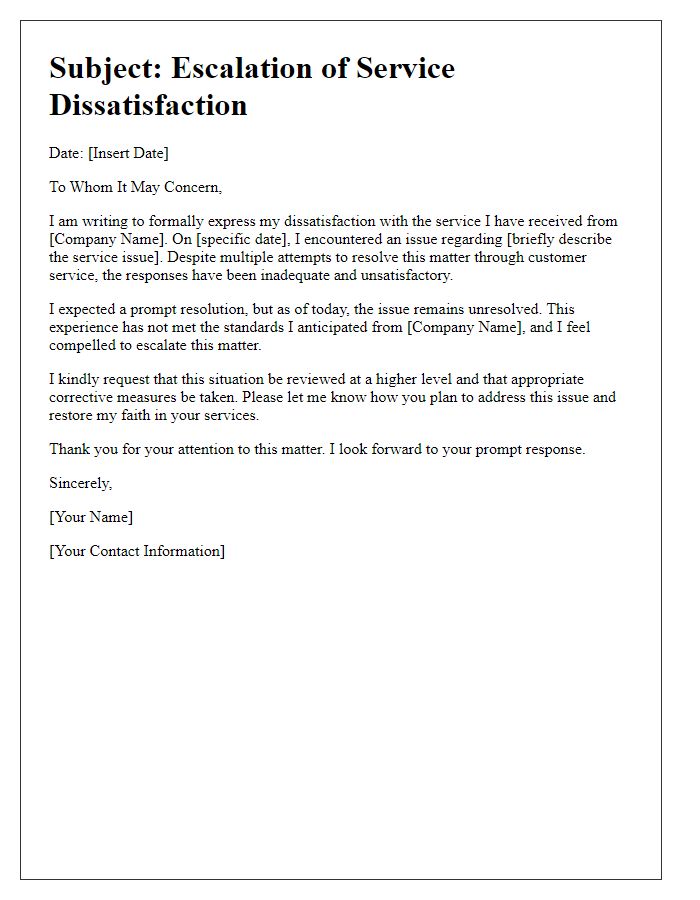 Letter template of dissatisfaction with service escalation