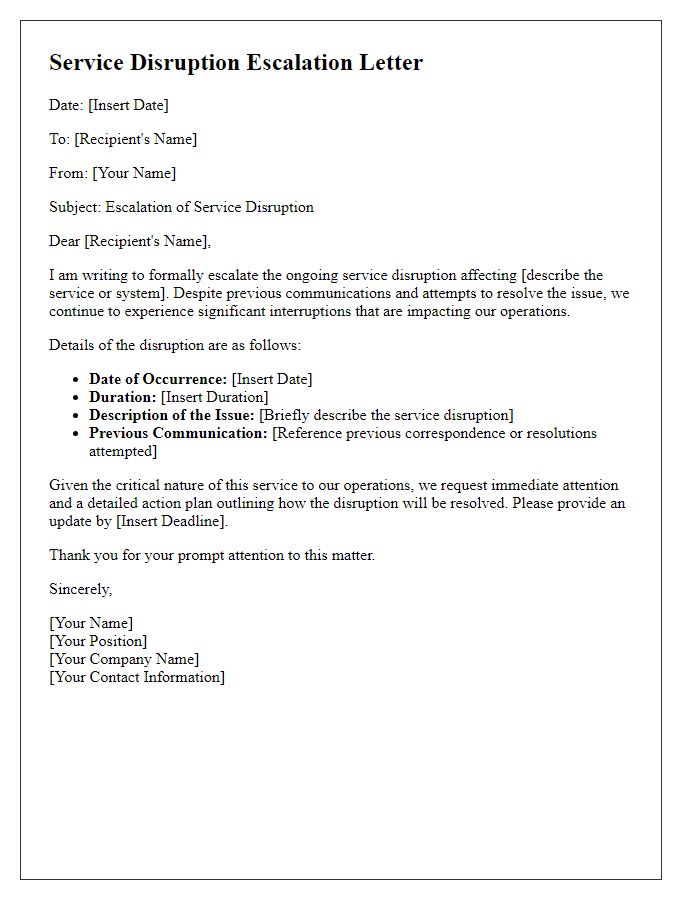 Letter template of service disruption escalation