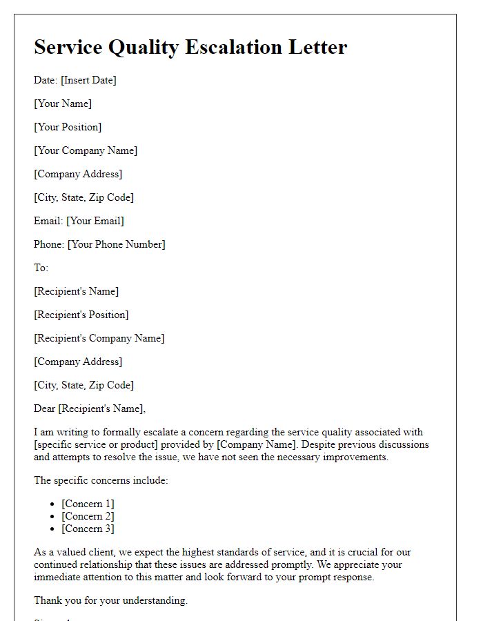 Letter template of service quality escalation