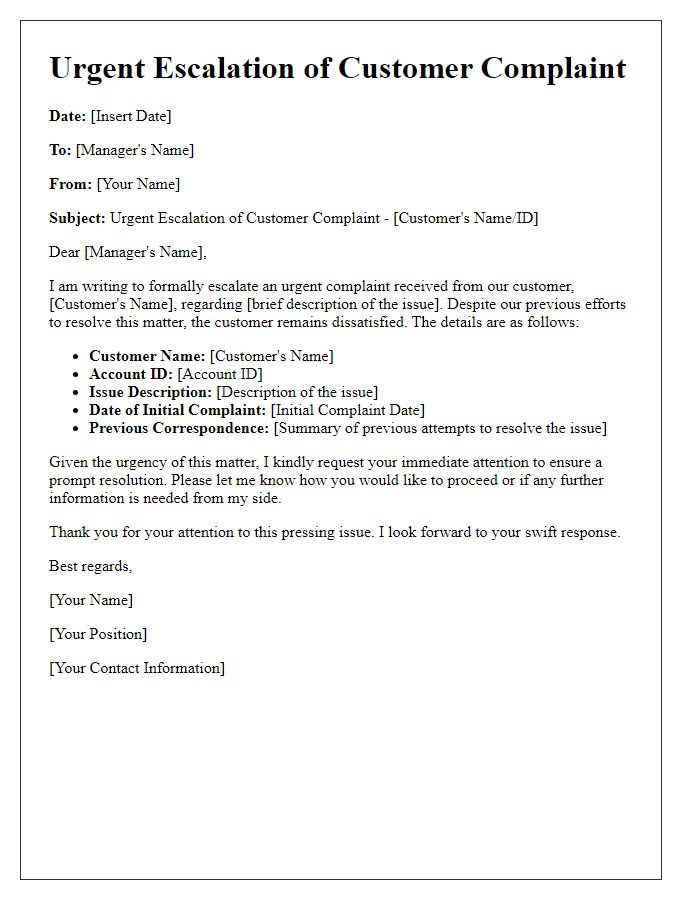 Letter template of urgent customer complaint escalation