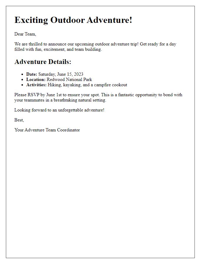 Letter template of outdoor team adventure announcement