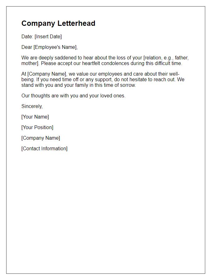 Letter template of company condolence message for employee loss