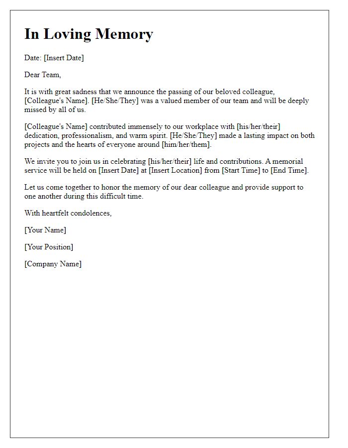 Letter template of company memorial letter for colleague's death