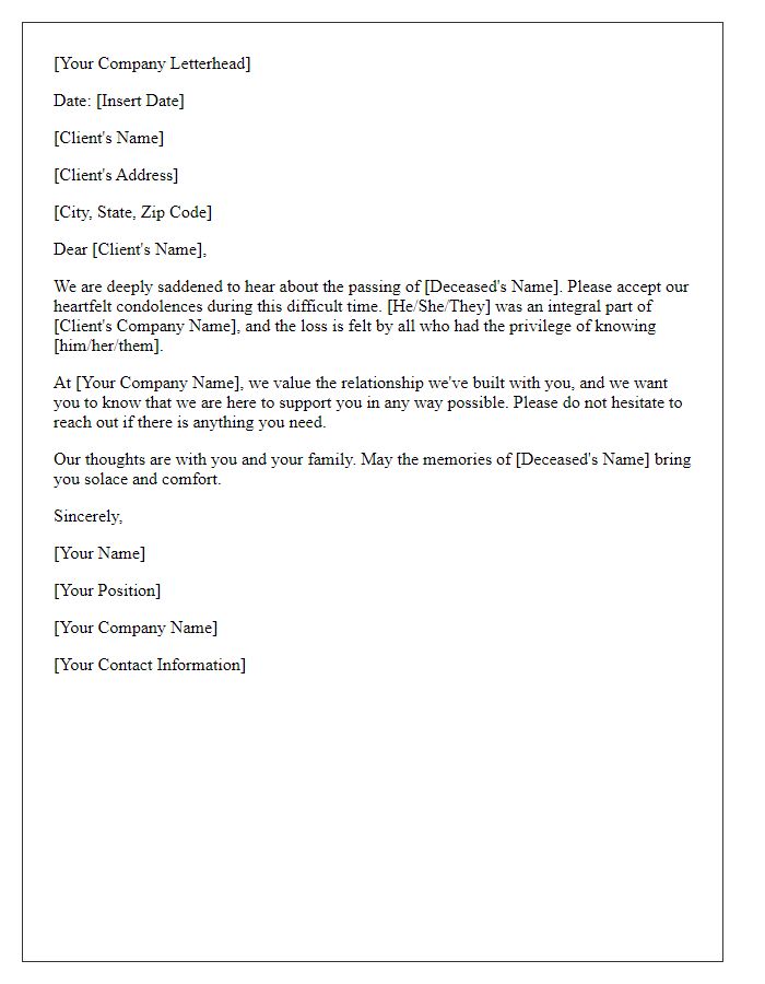 Letter template of corporate condolence note for client bereavement