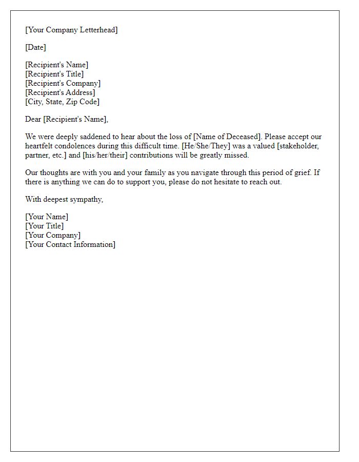 Letter template of corporate sympathy message for stakeholder bereavement