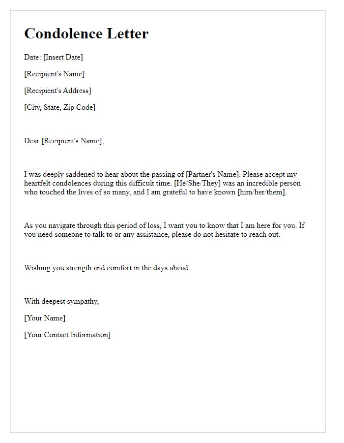 Letter template of formal condolence letter for partner's passing