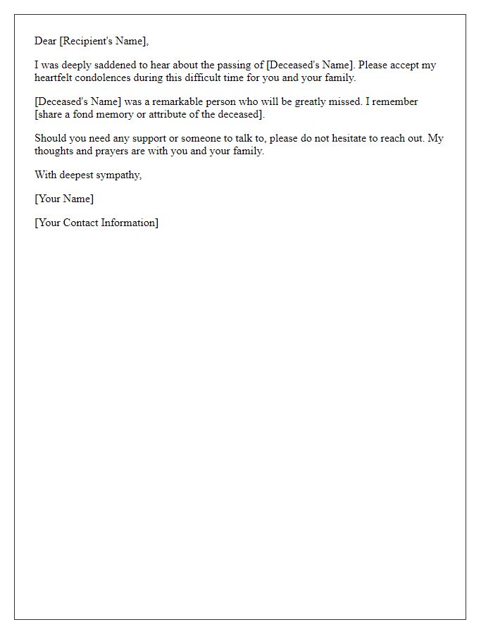 Letter template of professional condolence correspondence for family tragedy