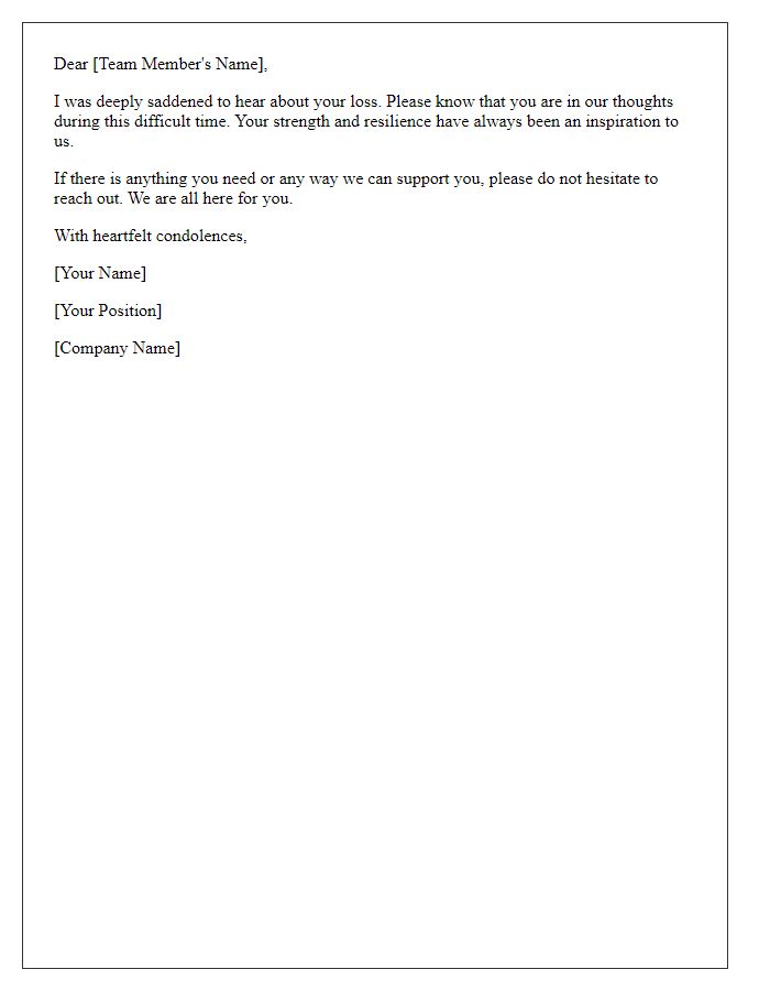 Letter template of workplace sympathy note for team member's loss