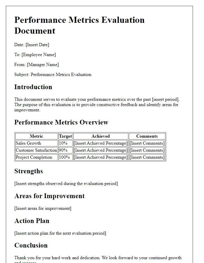 Letter template of performance metrics evaluation document