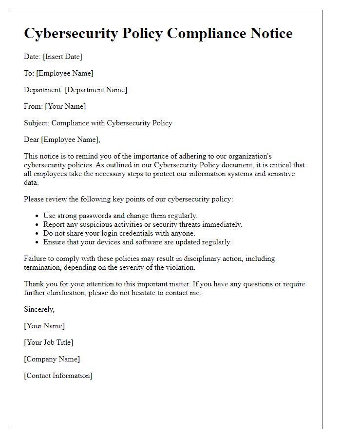 Letter template of cybersecurity policy compliance notice