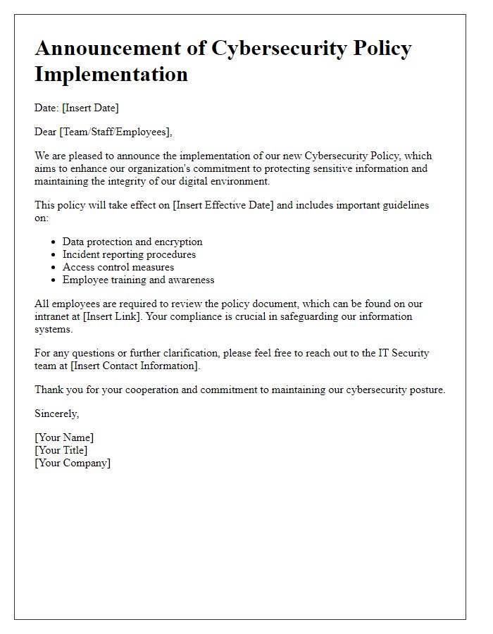 Letter template of cybersecurity policy implementation announcement