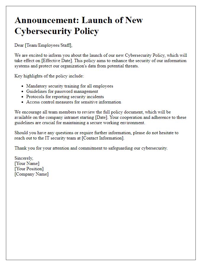 Letter template of cybersecurity policy launch information