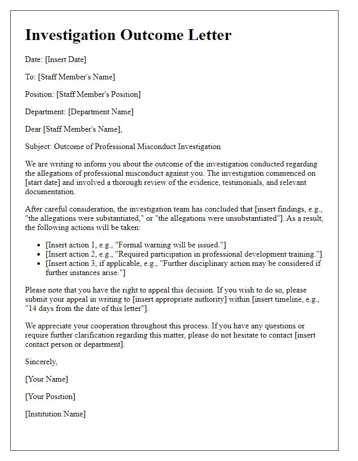 Letter template of professional misconduct investigation outcome for academic staff.