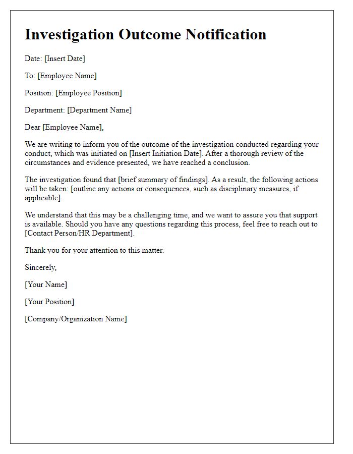 Letter template of professional misconduct investigation outcome for administrators.