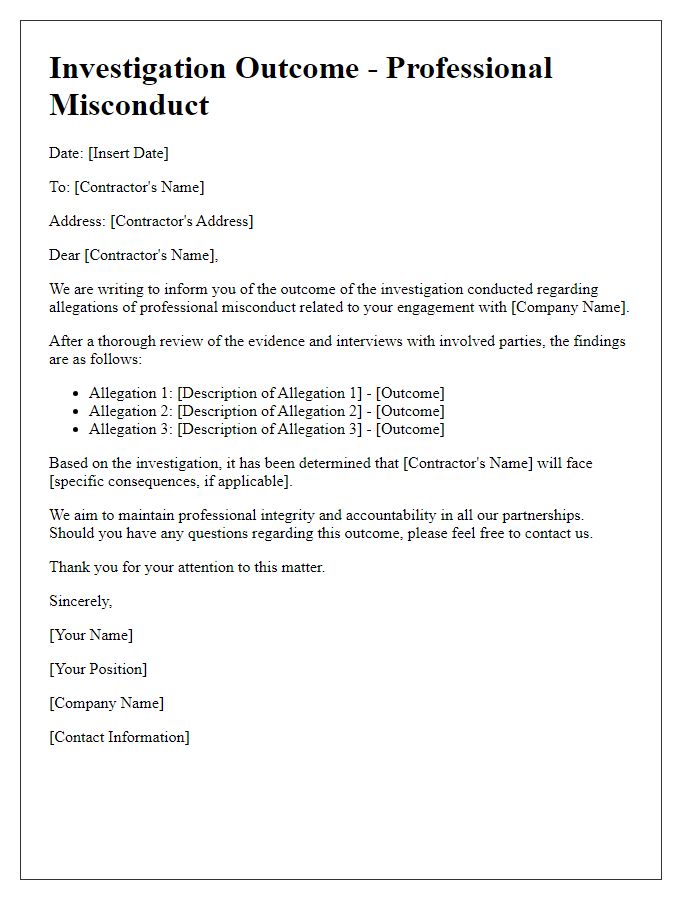 Letter template of professional misconduct investigation outcome for contractors.