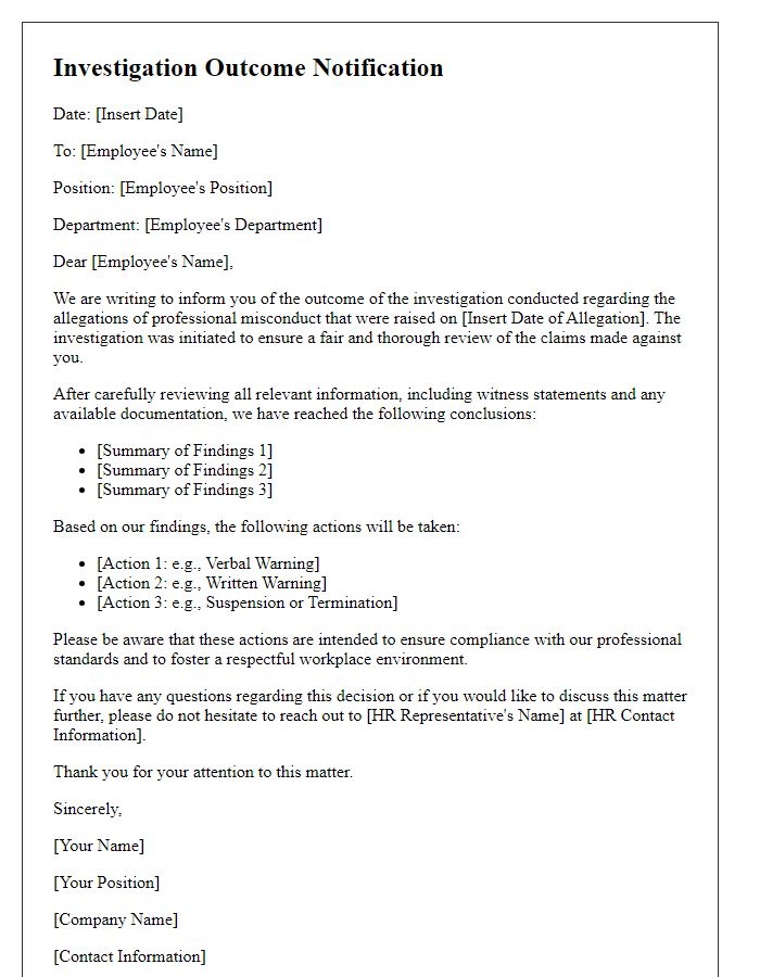 Letter template of professional misconduct investigation outcome for employees.