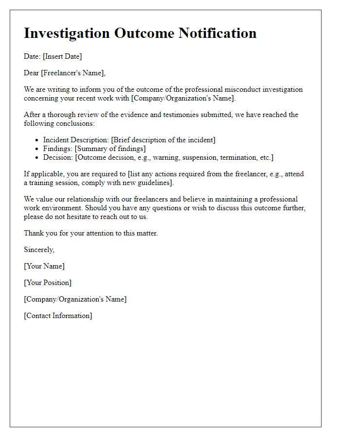 Letter template of professional misconduct investigation outcome for freelancers.