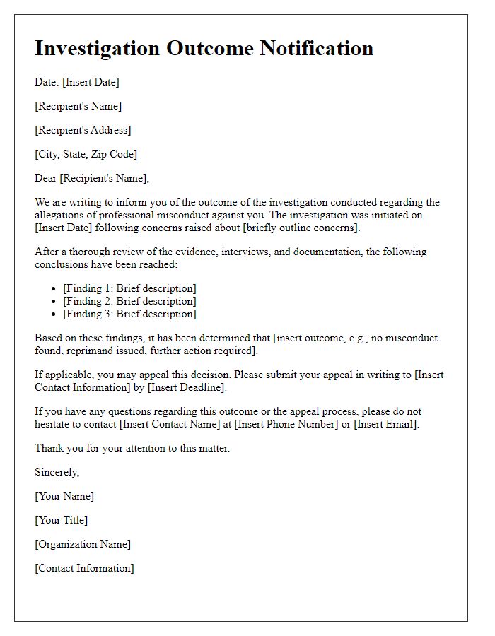 Letter template of professional misconduct investigation outcome for healthcare professionals.