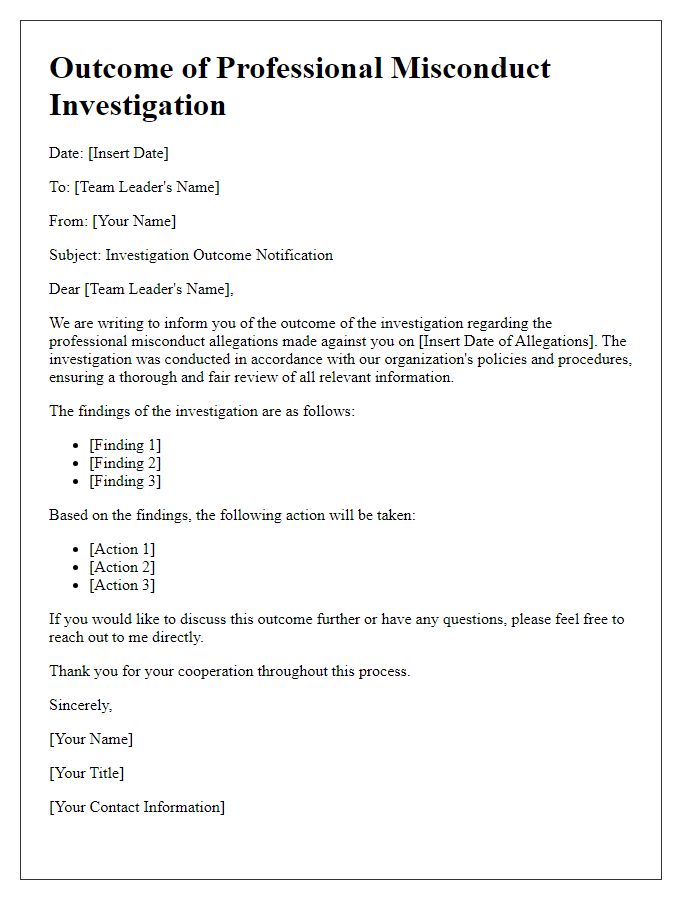 Letter template of professional misconduct investigation outcome for team leaders.