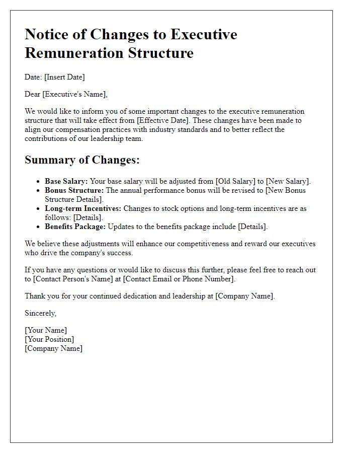 Letter template of executive remuneration structure changes