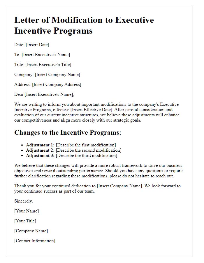 Letter template of modifications in executive incentive programs