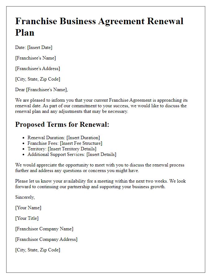 Letter template of franchise business agreement renewal plan