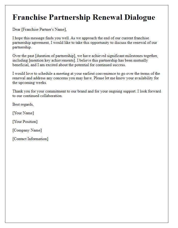 Letter template of franchise partnership renewal dialogue