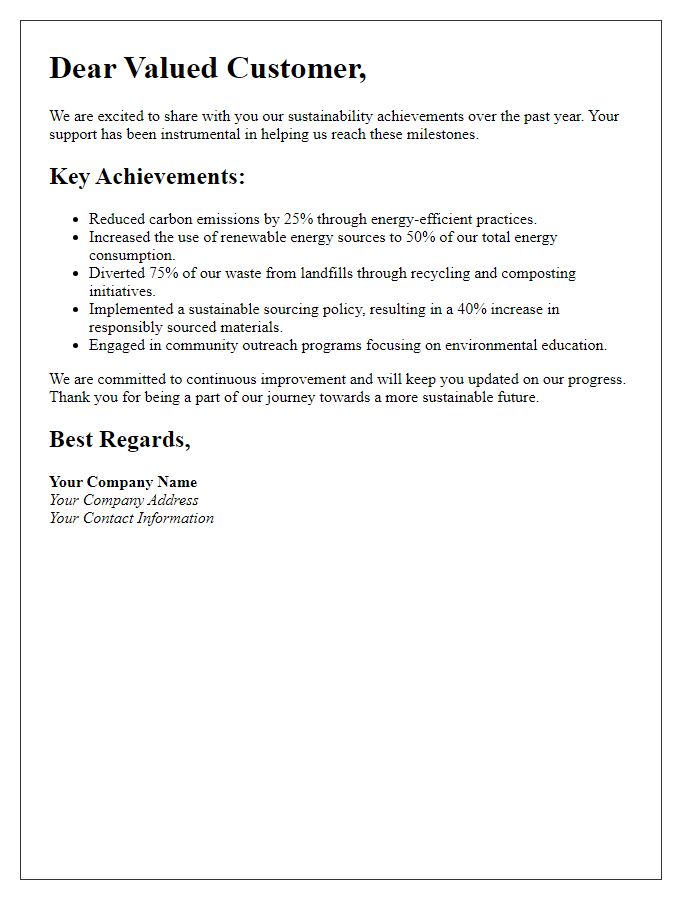 Letter template of sustainability achievements summary for customers