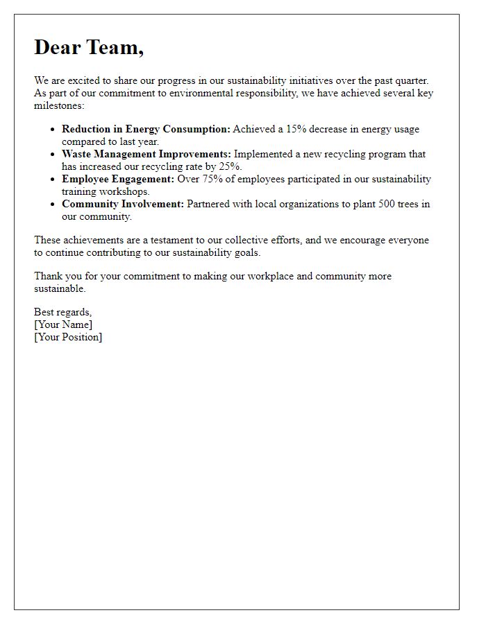 Letter template of sustainability initiative milestones report for employees