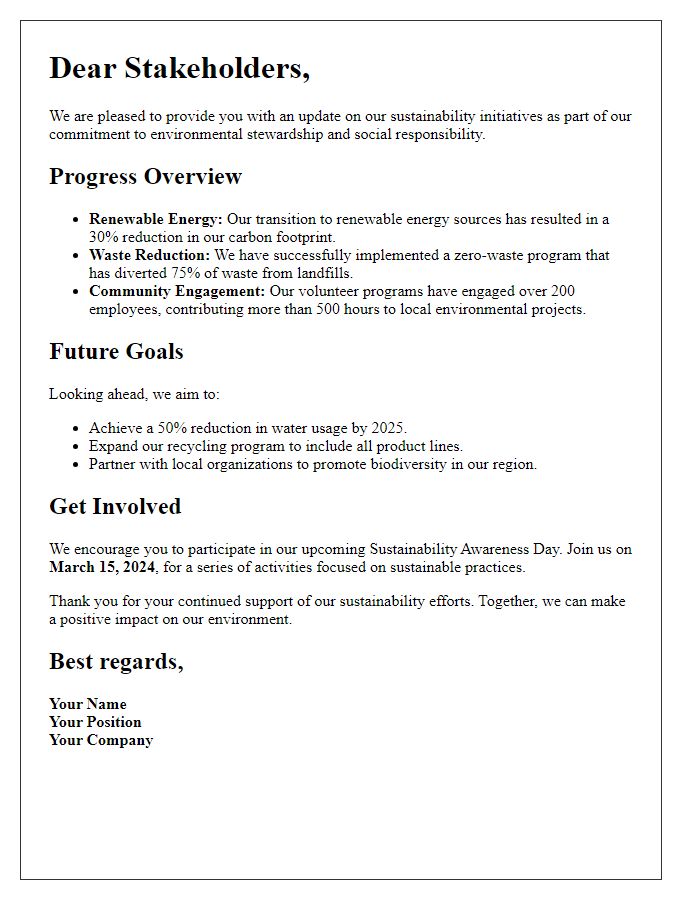 Letter template of sustainability initiative update for stakeholders