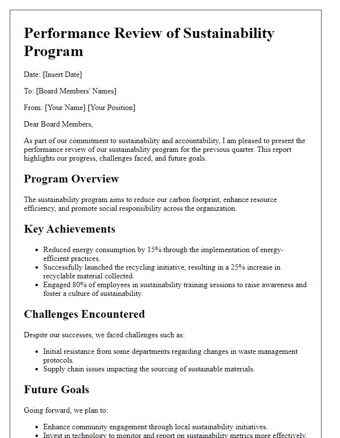 Letter template of sustainability program performance review for board members