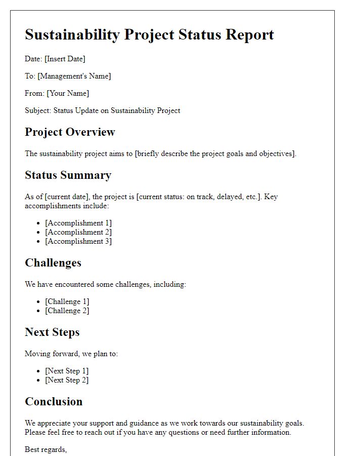 Letter template of sustainability project status report for management