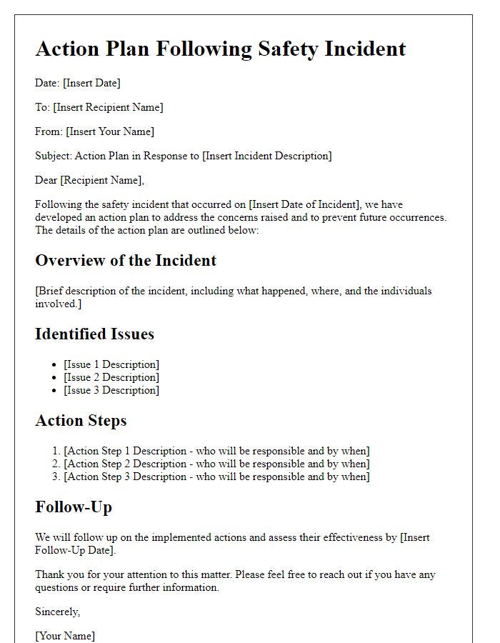 Letter template of action plan following a safety incident