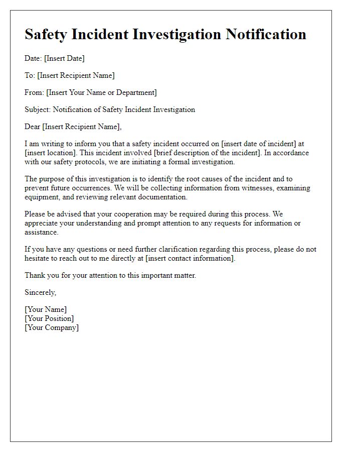 Letter template of communication for safety incident investigation