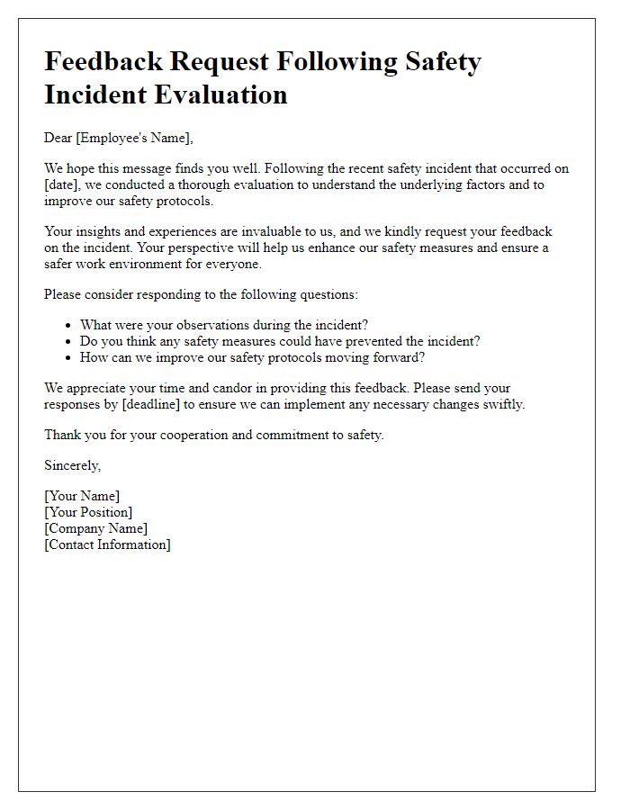 Letter template of feedback request post-safety incident evaluation