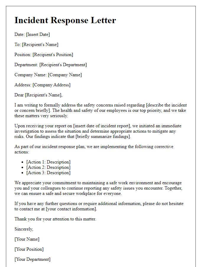 Letter template of incident response regarding workplace safety concerns