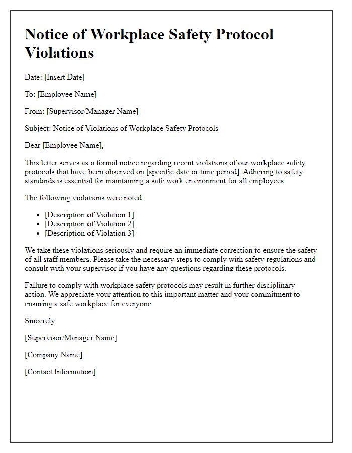 Letter template of notice for workplace safety protocol violations