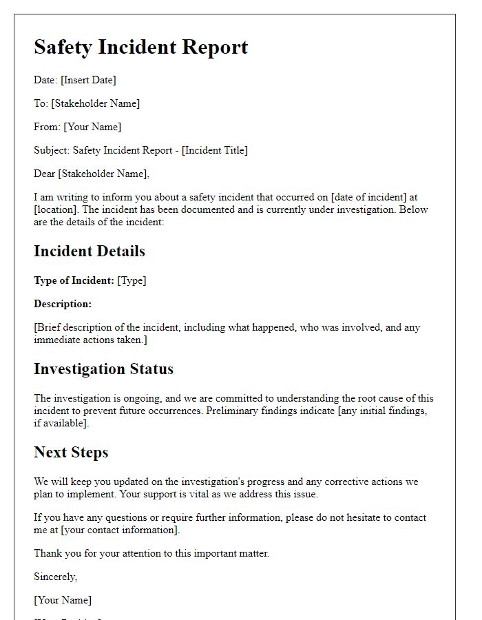 Letter template of safety incident reporting to stakeholders