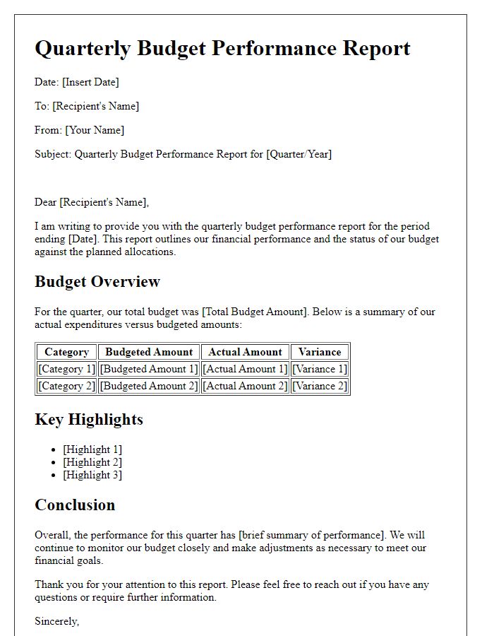 Letter template of quarterly budget performance report