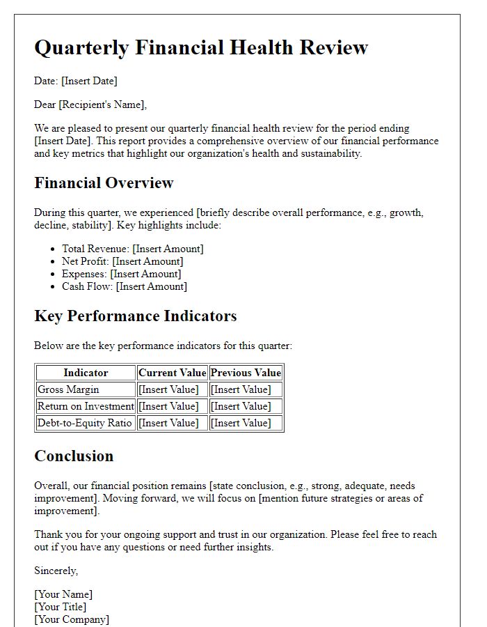 Letter template of quarterly financial health review