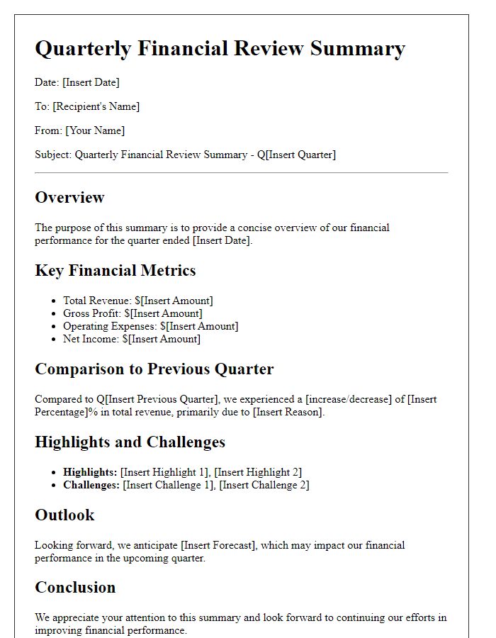 Letter template of quarterly financial review summary