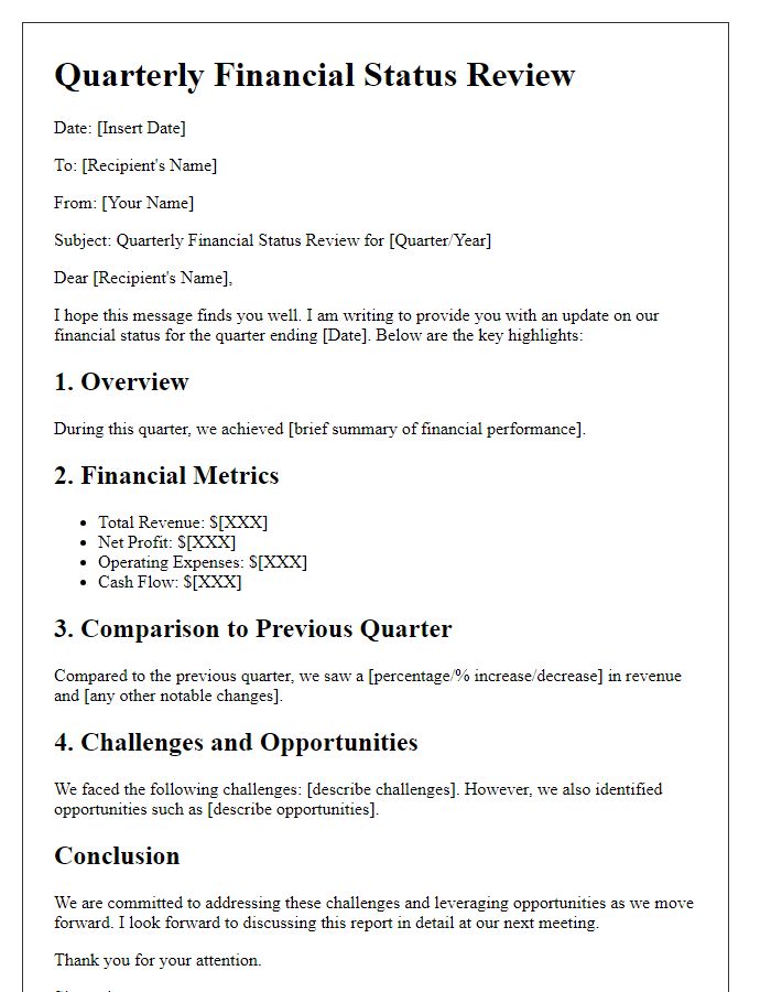 Letter template of quarterly financial status review