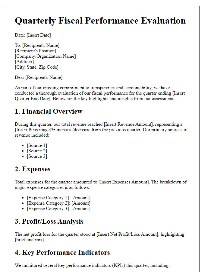 Letter template of quarterly fiscal performance evaluation