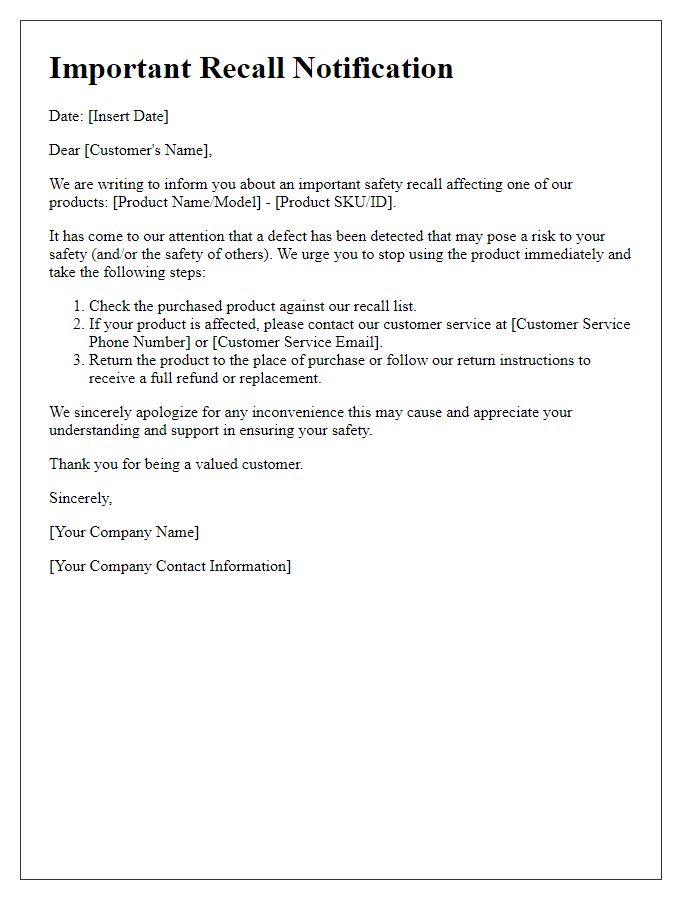 Letter template of product defect recall notification to customers.