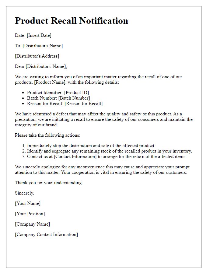 Letter template of product defect recall notification for distributors.